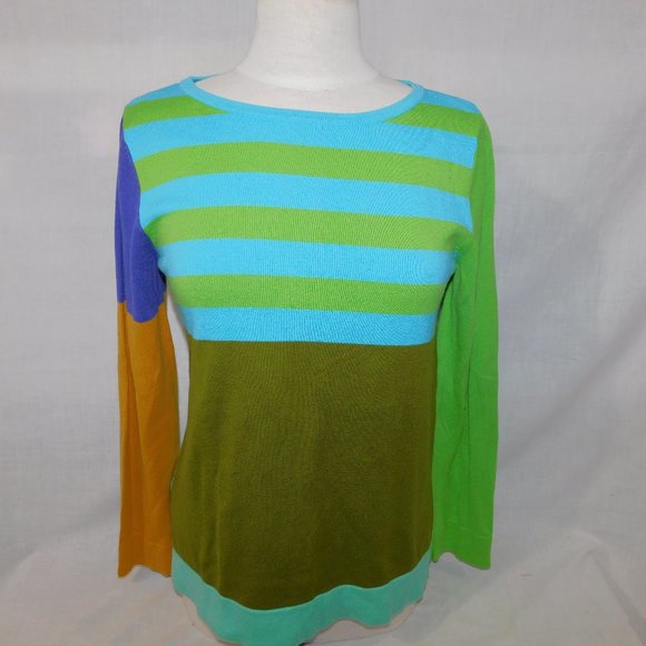 Isaac Mizrahi Womens M Colour Block Light Knit Sweater Top Blue Green Yellow - Picture 1 of 9